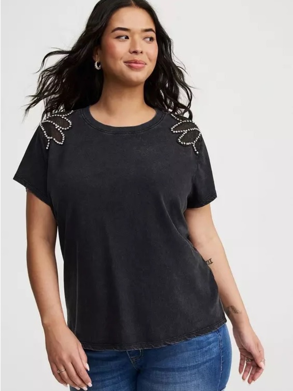torrid Black T Shirt Top with Shoulder Rhinestones Mesh 1